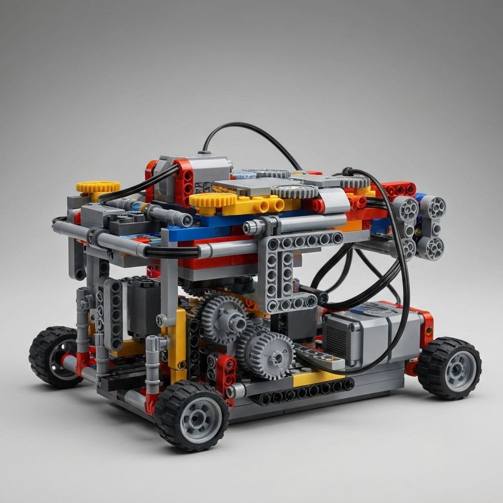 Lego robotics kit with bricks, gears, and controller